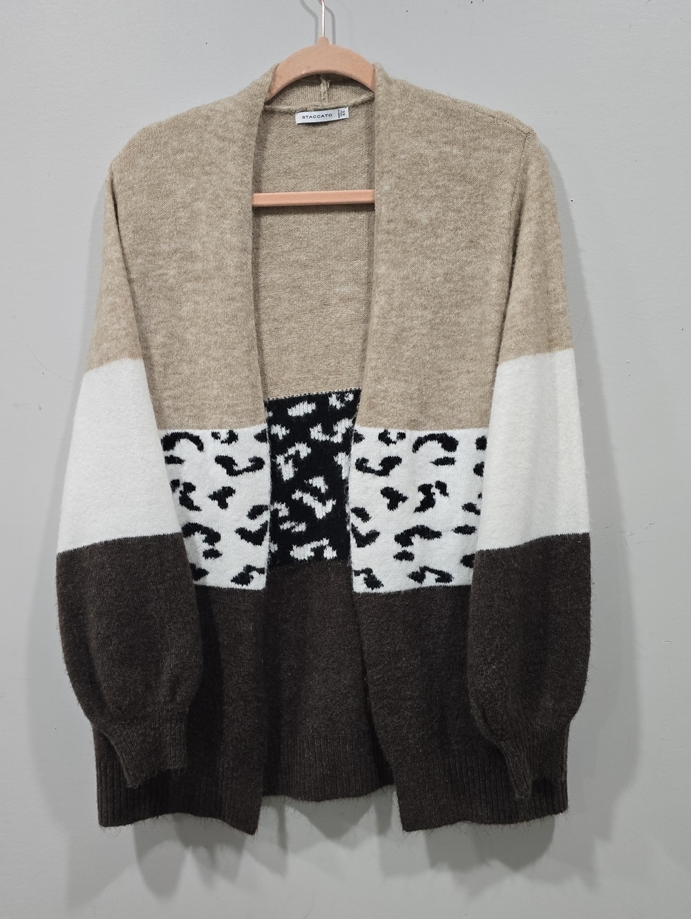 Staccato Beige White Brown Colorblock Leopard Open Cardigan XS